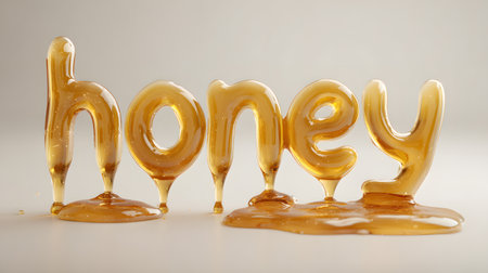 Word âHoneyâ created with glossy translucent golden honey on a light background, capturing the rich texture and smooth dripping effect.の素材