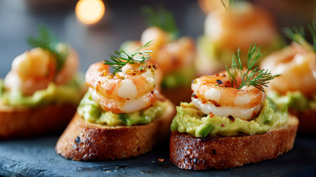 Crisp toasted baguette slices topped with creamy avocado and perfectly grilled shrimp, garnished with fresh herbs and photographed in warm evening light for a rich, festive atmosphere.の素材