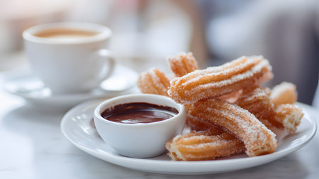 Fresh churros coated in sugar served with a warm cup of rich chocolate dipping sauce on a bright white plate.の素材