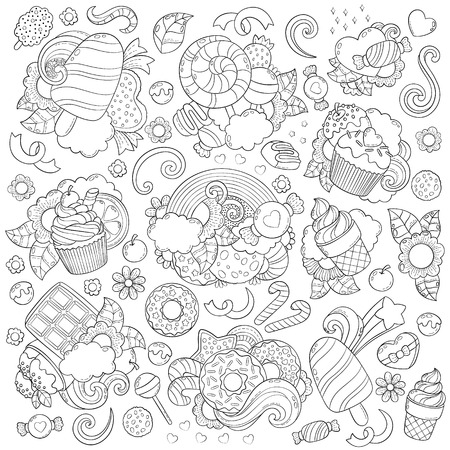 Doodle vector illustration, abstract background, texture, pattern, wallpaper, Collection of sweets, desserts, ice cream, candy elements set. Freehand sketch for adult anti stress coloring book pageのイラスト素材