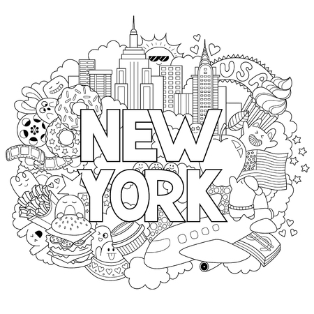 Vector doodle illustration showing Architecture and Culture of New York. Abstract background with hand drawn text New York. Template for advertising, postcards, banner, web design. Hand letteringのイラスト素材