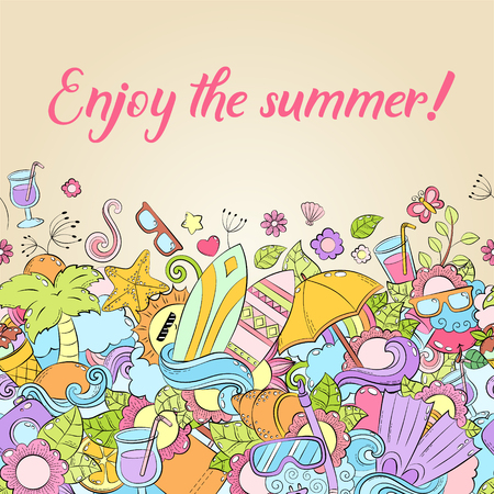 Summer background, wallpaper, texture, postcard, card. Template for advertising, banner, flyer, web design, greeting, invitation. Vector cartoon color doodle illustration. Enjoy summer hand letteringのイラスト素材