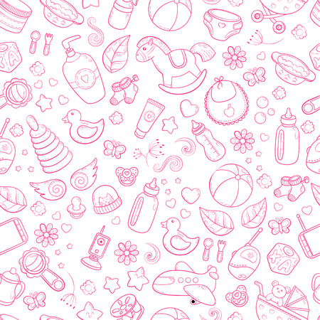 Wallpaper design with cartoon doodle of toys and baby items.のイラスト素材
