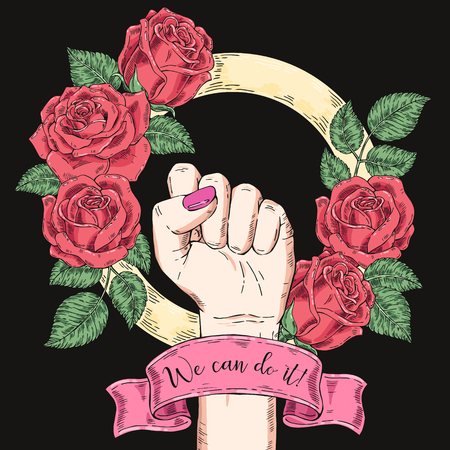Vector hand-drawn background, sketch illustration. Template for printing, advertising, poster, poster, web design. Female hand with fist raised up. Symbol of feminism. We can do it. vintage roseのイラスト素材