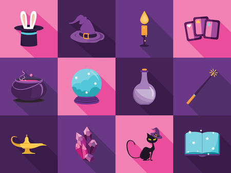 Set collection of vector cartoon magic flat icons. Fantastic Symbolsのイラスト素材