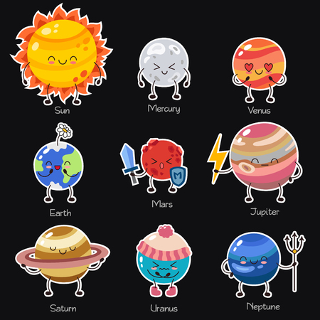 Set of vector doodle cartoon icons planets of solar system. Comic colored funny characters. Children s education. Wallpaper, background, symbols, template for web design, greeting card, cover, poster.のイラスト素材