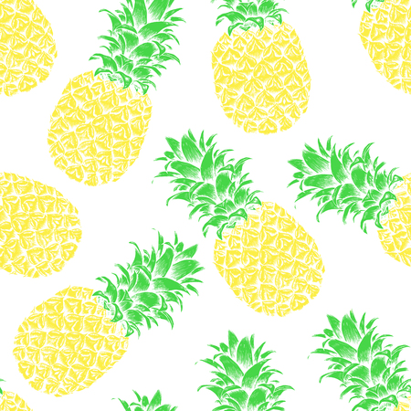 Abstract seamless pattern, wallpaper, background, backdrop. Yellow hand drawn pineapple. Vector sketch, tropical exotic fruit. Template for printing, packaging, advertising, web design, cardのイラスト素材