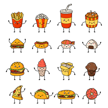 Set of vector cartoon doodle icons junk food. Illustration of comic fast food. Patch, badgeのイラスト素材