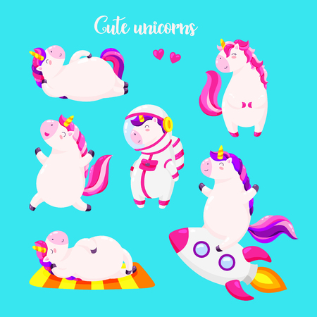 Set of funny cartoon magic unicorns. Patch, badge sticker.のイラスト素材