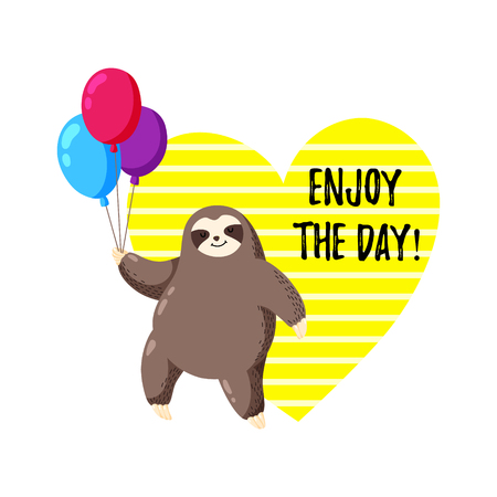 Greeting card with sloth holding balloons. Template for printing, web design, postcardのイラスト素材