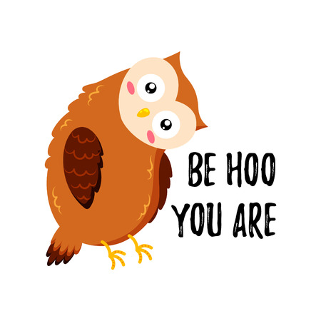 Cute cartoon funny owl. Vector doodle illustration. Template for print, web designのイラスト素材