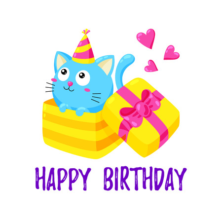 Cute cartoon card with kitten. Cat looks out of a gift boxのイラスト素材