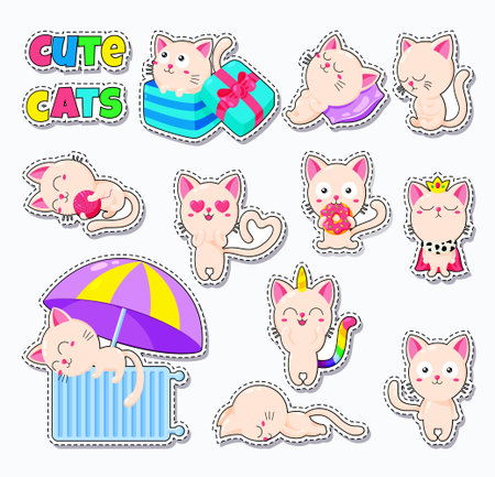 Collection of cute vector cats. Doodle character for print, web design, postcards. Set of stickersのイラスト素材