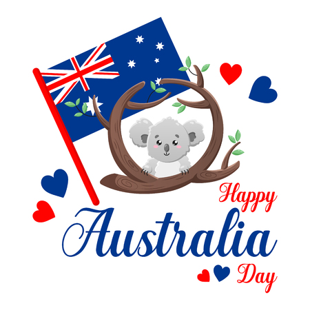 Vector poster on white background. Happy Australia Day. Cute funny koala.のイラスト素材