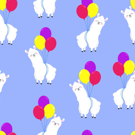 Funny cartoon pattern with cute llamas. Vector Doodle Illustration. Seamless wallpaper, backgroundのイラスト素材