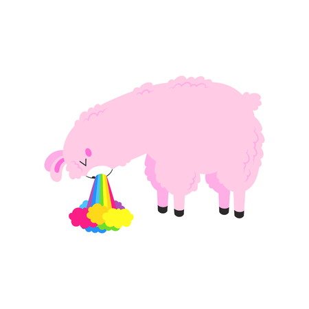 Vector cartoon card. Cute poster with funny llama nauseous rainbow. Doodle illustration.のイラスト素材