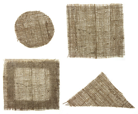very detailed hi res photo of four different shapes burlap canvas with lacerate edge, for backgrounds, textures and layers.の写真素材