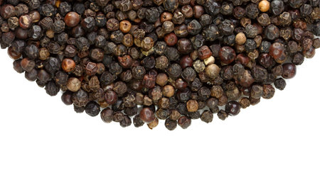 spices black peppercorns in semicircle background with banner space, isolated on white.