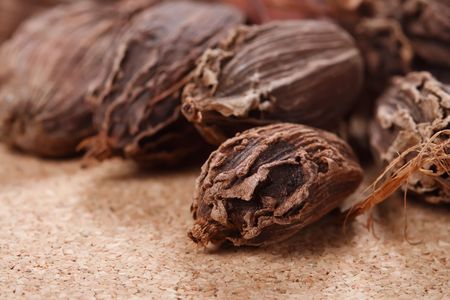 black cardamom pods on wood,  super macro, shallow DOFの写真素材