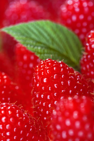  raspberry with leaves background, soft focus