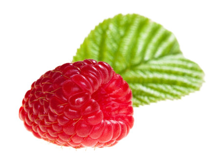 nice and red single raspberry with leaf, soft focus, isolated