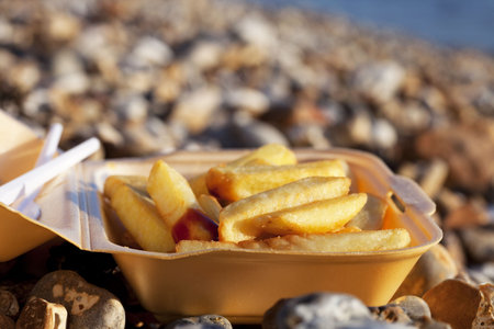 potato fries in take out box on a sea  sea  beach