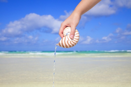 girls hand pouring water from nautilus shell against sea and sky, shallow dofの写真素材