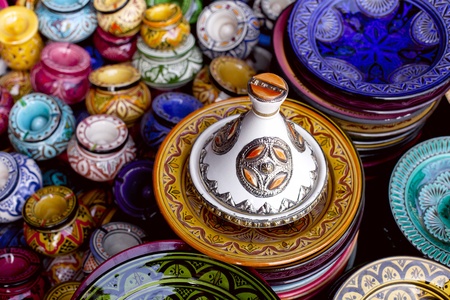  decorated tagine and traditional morocco souvenirs in medina soukの写真素材