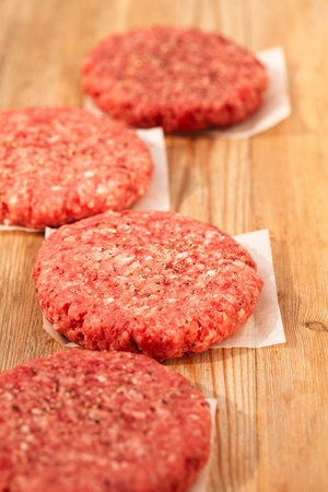 Raw burgers for hamburgers, on woodの写真素材