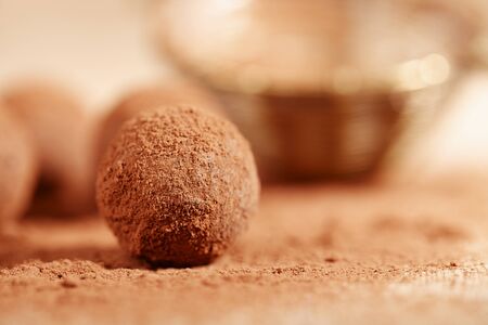 chocolate truffles cocoa powder dusted and sieve, shallow dofの写真素材