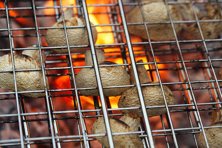 food meat - rmushrooms in grill net barbecue grill with flame   Shallow dof の写真素材