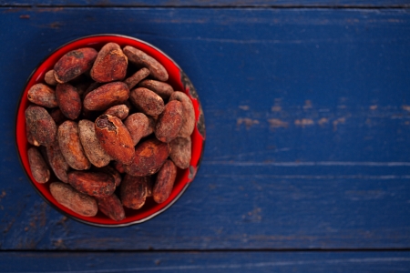 roasted cocoa chocolate beans on dark blue wood backgroundの写真素材