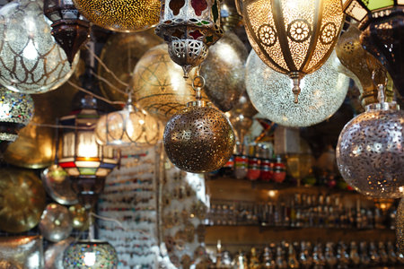 Moroccan glass and metal lanterns lamps in Marrakesh souq