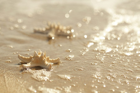 two starfish in golden sea waves, soft gentle sunrise light color