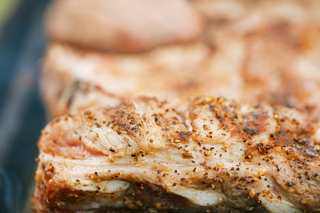 food meat - marinated juicy pork ribs on grill - summer barbeque bbq foodの写真素材