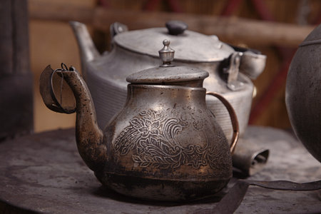 old teapot and kettle in a kyrgyz yurt kitchen, shallow dofの写真素材