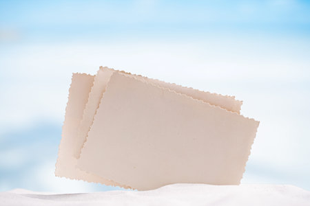 blank retro photo on white sand beach, sky and seascape, shallow dof