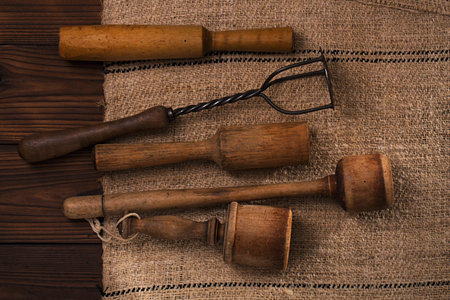 real vintage wooden and iron mashers on old grain sacking linen Completely hand made  handwoven and...