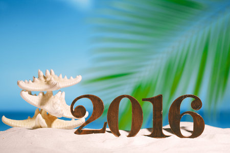 2016 numbers letters with starfish, ocean , beach and seascape, shallow dof