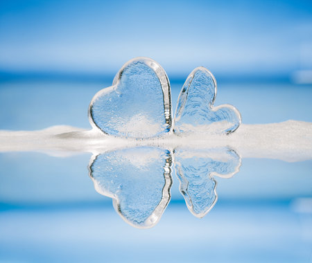 clear glass hearts in foam on wet white glass with reflectionの写真素材