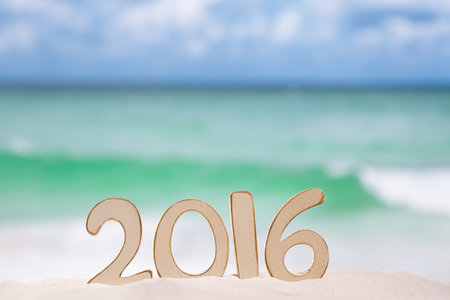 2016 numbers letters with  ocean , beach and seascape, shallow dofの写真素材