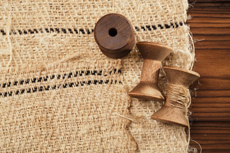 real old reels spools with hemp treads on old grain sacking linen Completely hand made  handwoven...