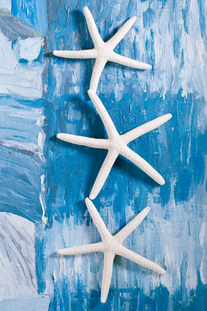 white starfish on blue painted background