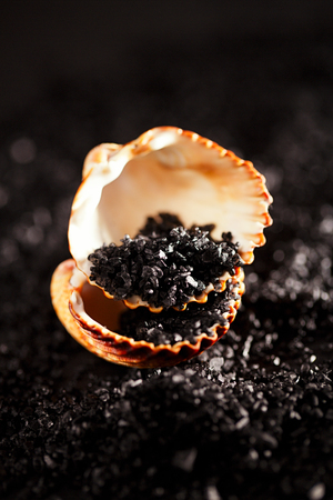 Hawaiian black lava sea salt has less sodium than regular sea saltand is richer in minerals and nutrients.の写真素材
