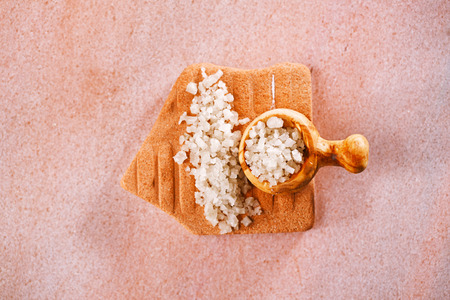 french grey sea salt with wood spoon and sea glass in abstract fish shapeの写真素材