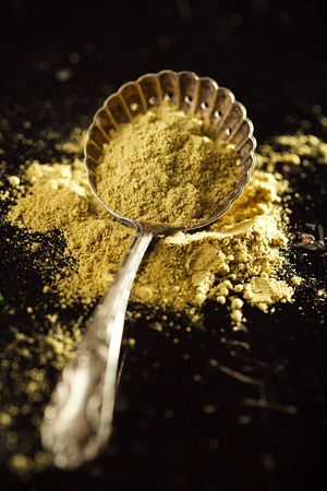 Jalapeno Green Chilli Powder on dark backgroundの写真素材