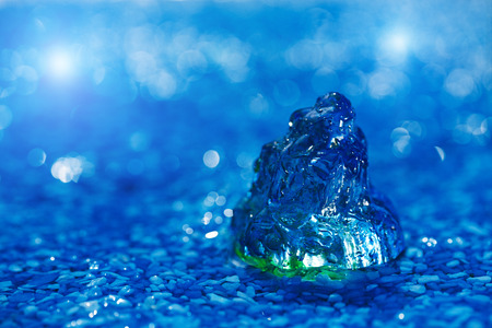 blue glass sea shell on blue pebble under water dropletsの写真素材