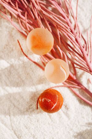 sea glass marbles with red corall  on white sand beach with seascapeの写真素材