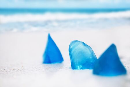 sea glass on white sand beach with seascapeの写真素材