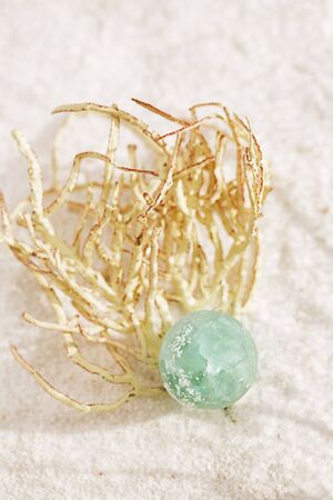 sea glass marble with corall and shadow on white sand beach with seascapeの写真素材